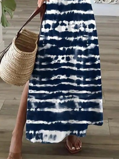 Women Abstract Short Sleeve Summer Printing Dress V Neck Daily Casual Maxi X-Line Dress