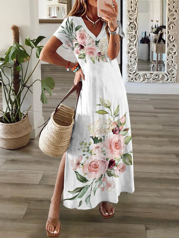 Women Floral Short Sleeve Summer Printing Dress V Neck Daily Casual Maxi X-Line Dress