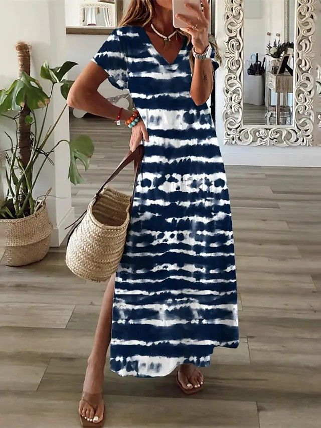 Women Abstract Short Sleeve Summer Printing Dress V Neck Daily Casual Maxi X-Line Dress