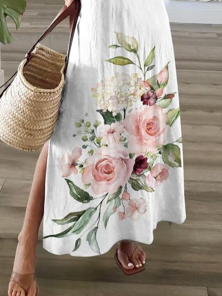 Women Floral Short Sleeve Summer Printing Dress V Neck Daily Casual Maxi X-Line Dress