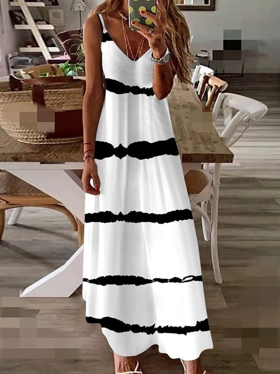 Women Striped Sleeveless Summer Printing Dress V Neck Daily Casual Maxi Slip Dress X-Line Dress