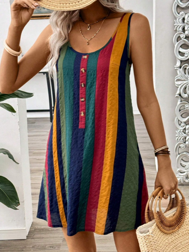 Women Striped Sleeveless Summer Printing Dress Crew Neck Daily Casual Midi Tank X-Line Dress