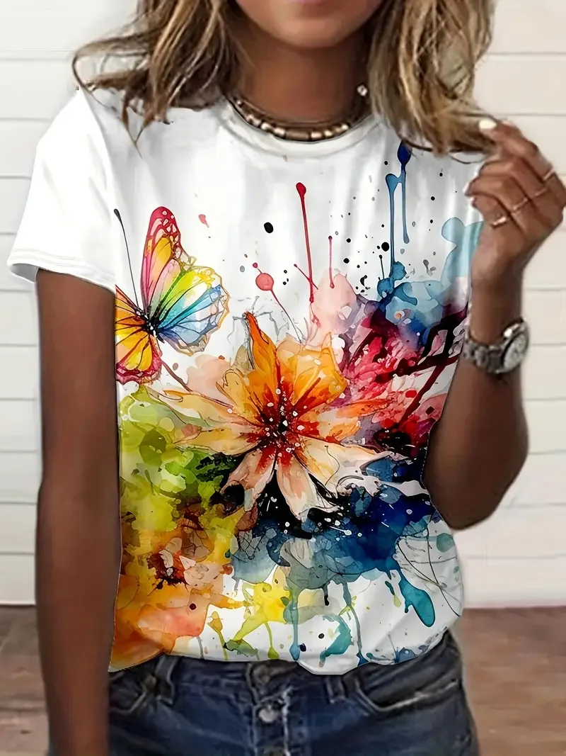 Women Floral Short Sleeve Tee T-shirt Crew Neck Printing Casual Summer Graphic Tee Top