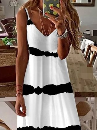 Women Striped Sleeveless Summer Printing Dress V Neck Daily Casual Maxi Slip Dress X-Line Dress