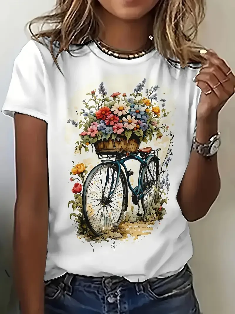 Women Floral Short Sleeve Tee T-shirt Crew Neck Printing Casual Summer Top