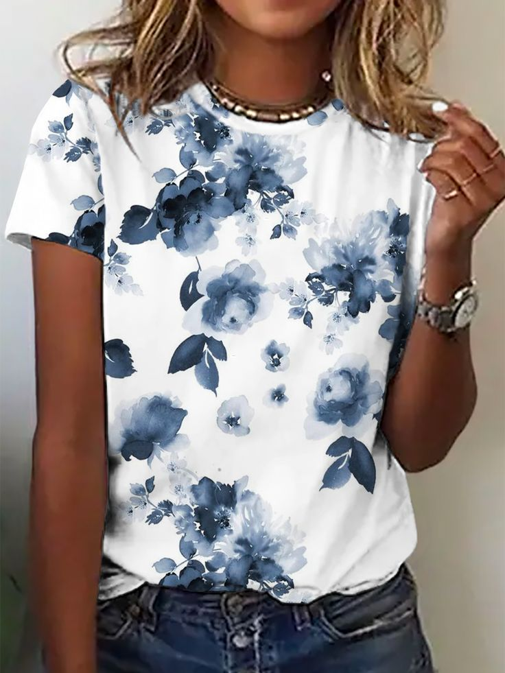 Women Floral Short Sleeve Tee T-shirt Crew Neck Printing Casual Summer Graphic Tee Top