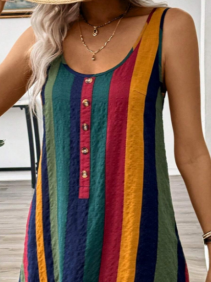 Women Striped Sleeveless Summer Printing Dress Crew Neck Daily Casual Midi Tank X-Line Dress