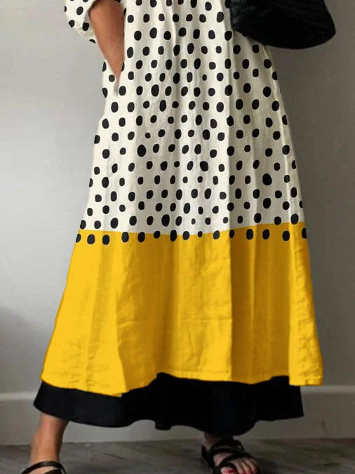 Women Polka Dots Half Sleeve Summer Printing Dress V Neck Daily Casual Maxi A-Line Dress