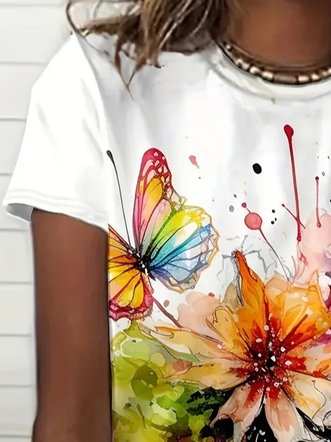 Women Floral Short Sleeve Tee T-shirt Crew Neck Printing Casual Summer Graphic Tee Top