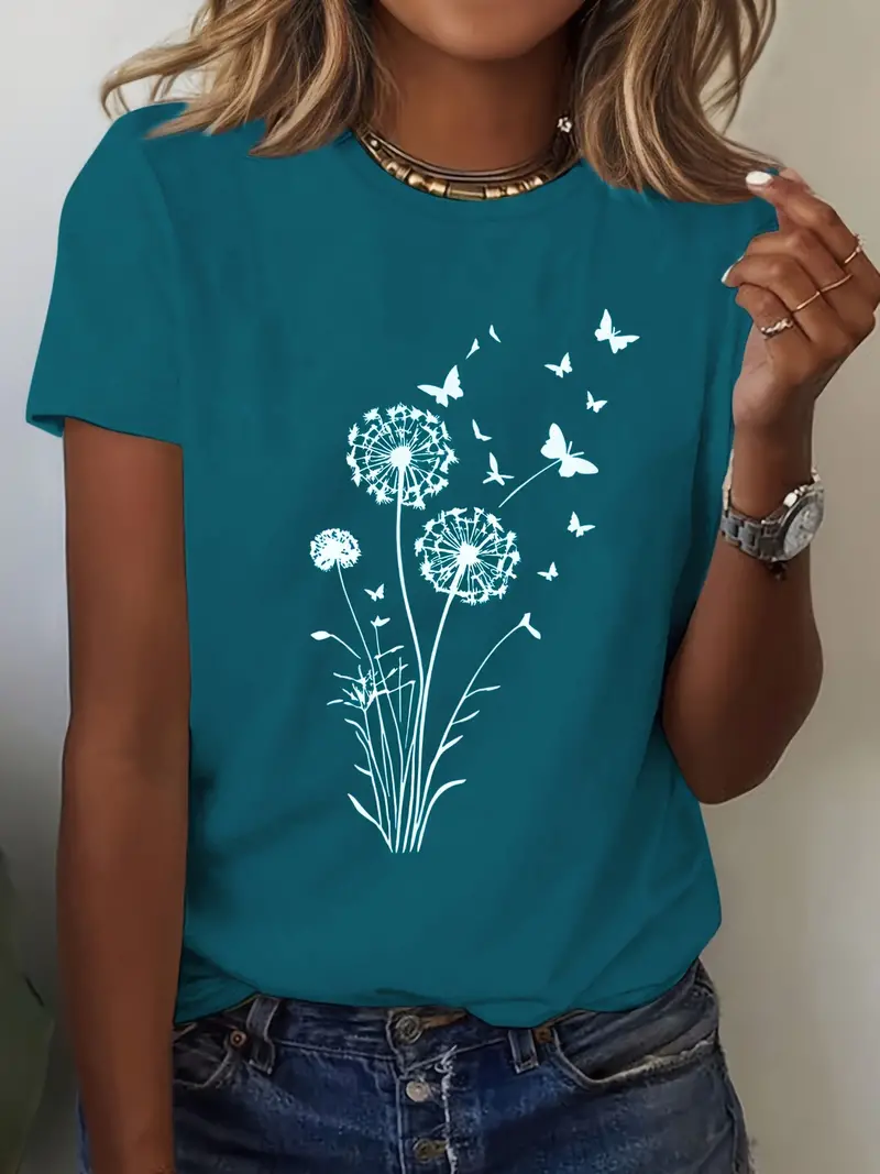 Women Floral Short Sleeve Tee T-shirt Crew Neck Printing Casual Summer Graphic Tee Top