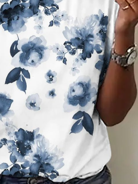 Women Floral Short Sleeve Tee T-shirt Crew Neck Printing Casual Summer Graphic Tee Top