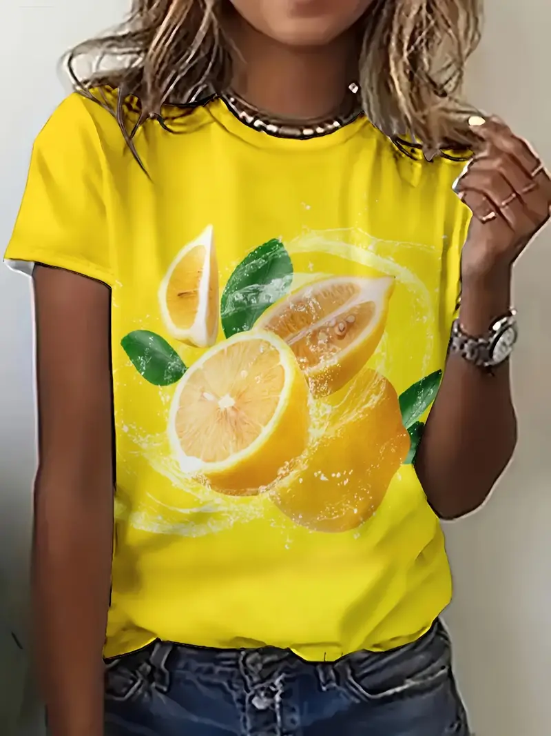 Women Lemon Short Sleeve Tee T-shirt Crew Neck Printing Casual Summer Graphic Tee Top