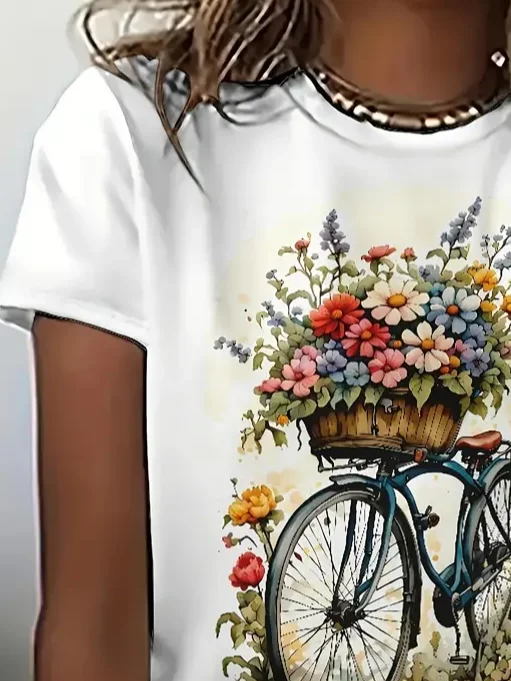 Women Floral Short Sleeve Tee T-shirt Crew Neck Printing Casual Summer Top