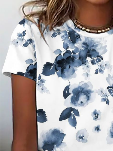 Women Floral Short Sleeve Tee T-shirt Crew Neck Printing Casual Summer Graphic Tee Top