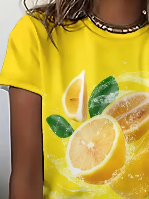 Women Lemon Short Sleeve Tee T-shirt Crew Neck Printing Casual Summer Graphic Tee Top