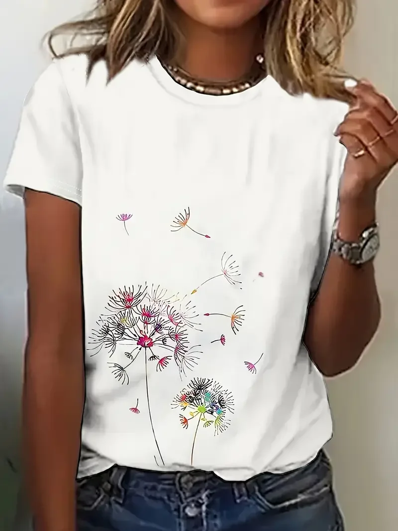 Women Floral Short Sleeve Tee T-shirt Crew Neck Printing Casual Summer Graphic Tee Top