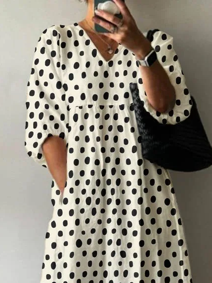 Women Polka Dots Half Sleeve Summer Printing Dress V Neck Daily Casual Maxi A-Line Dress