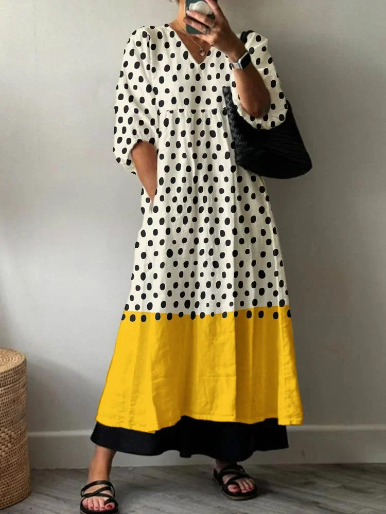 Women Polka Dots Half Sleeve Summer Printing Dress V Neck Daily Casual Maxi A-Line Dress