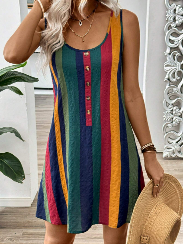 Women Striped Sleeveless Summer Printing Dress Crew Neck Daily Casual Midi Tank X-Line Dress