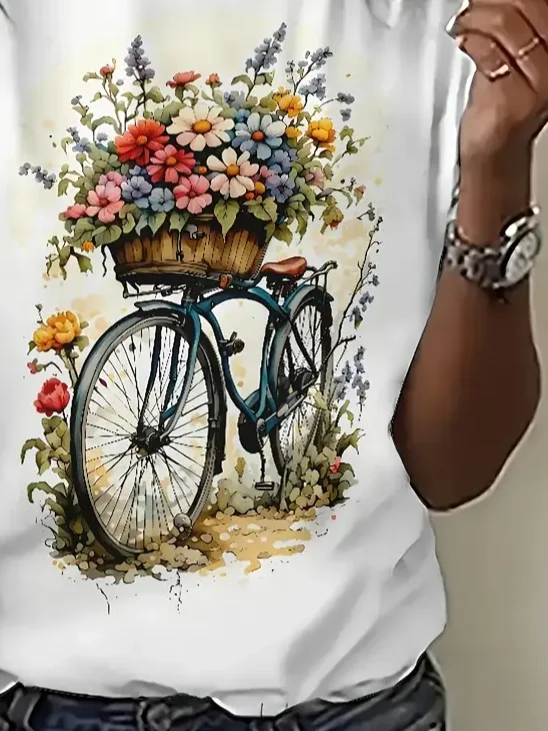 Women Floral Short Sleeve Tee T-shirt Crew Neck Printing Casual Summer Top