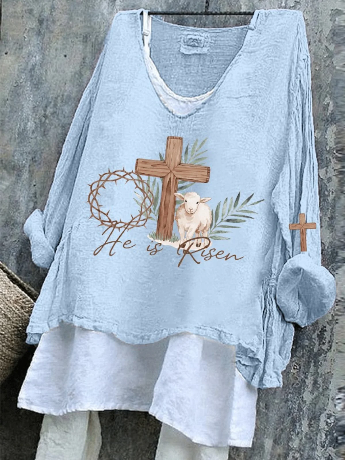 Women Easter (rabbit) Long Sleeve Tee T-shirt V Neck Vintage Spring/Fall Top