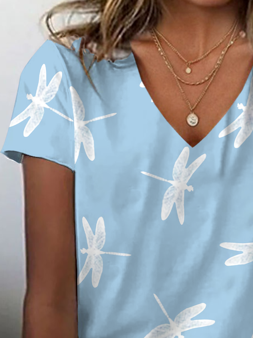 Women Dragonfly Short Sleeve Tee T-shirt V Neck Printing Casual Summer Graphic Tee Top