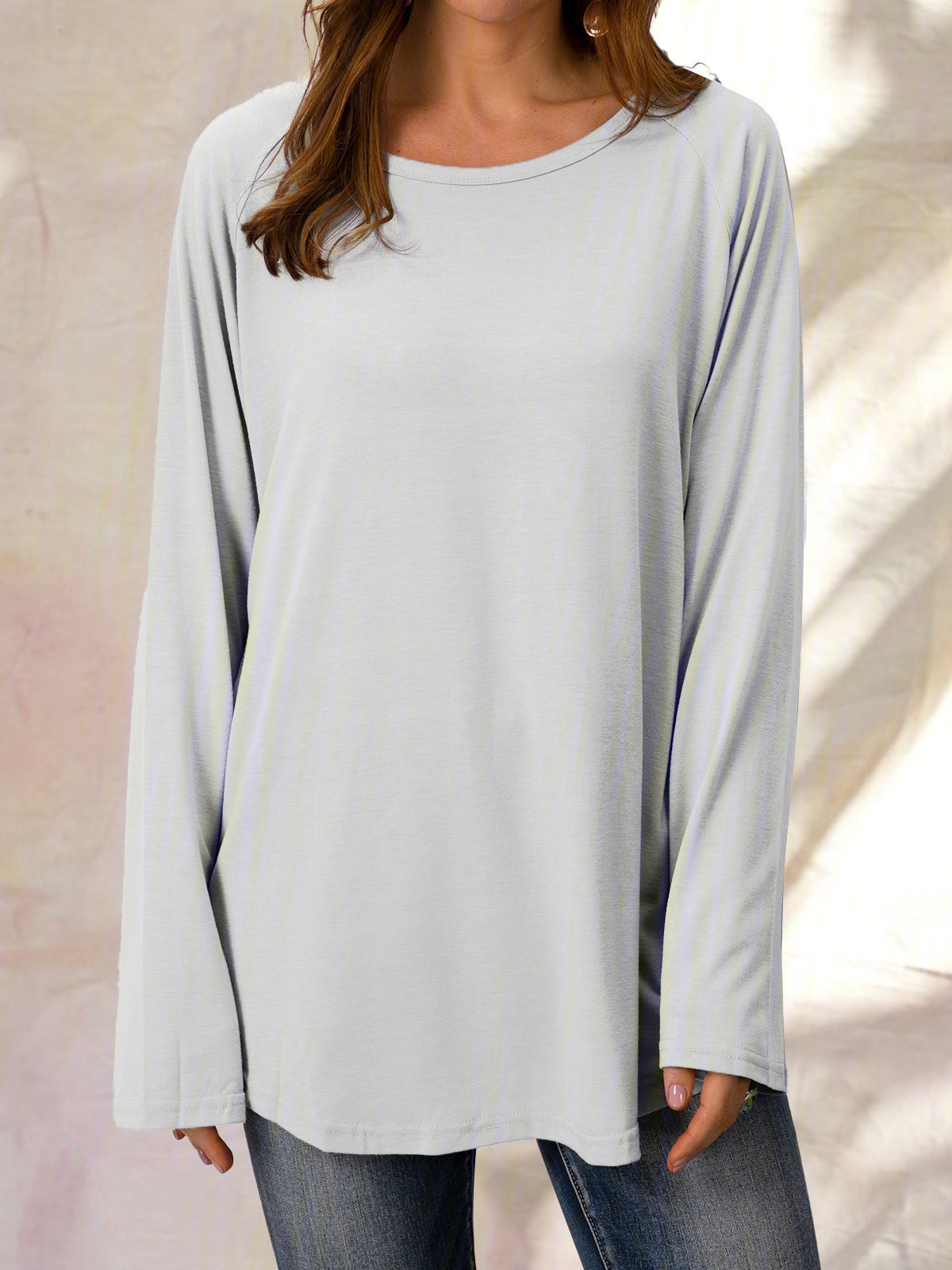 Solid Round Neck Loose Long Sleeves T-shirt