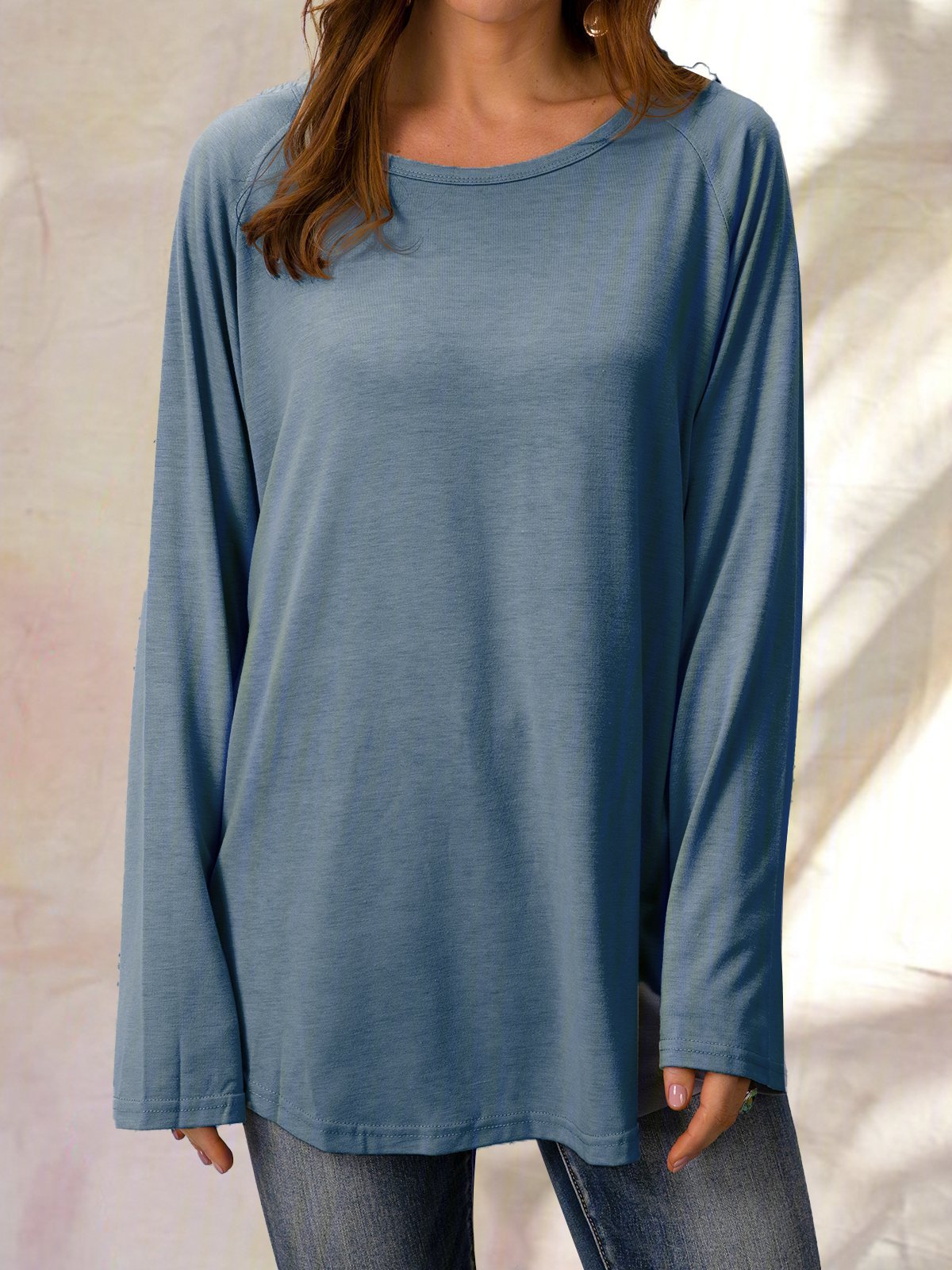 Solid Round Neck Loose Long Sleeves T-shirt