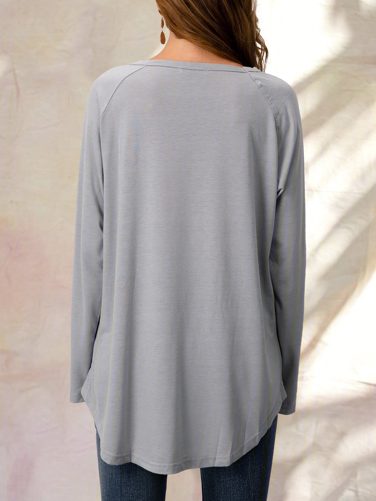 Solid Round Neck Loose Long Sleeves T-shirt