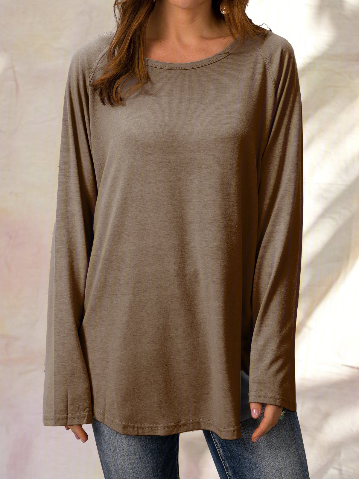 Solid Round Neck Loose Long Sleeves T-shirt