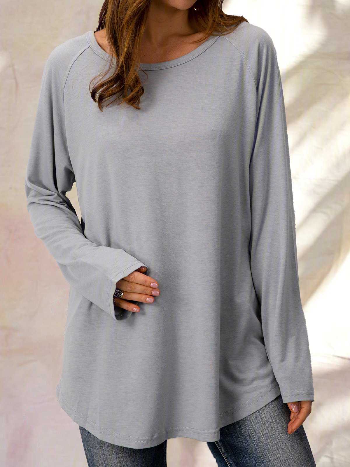 Solid Round Neck Loose Long Sleeves T-shirt