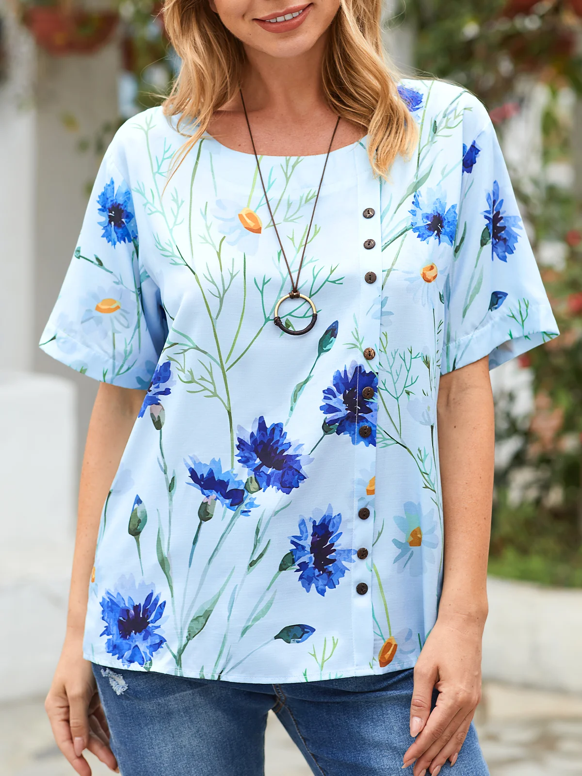JFN Round Neck Floral Buttoned Daily T-Blouse/Tee