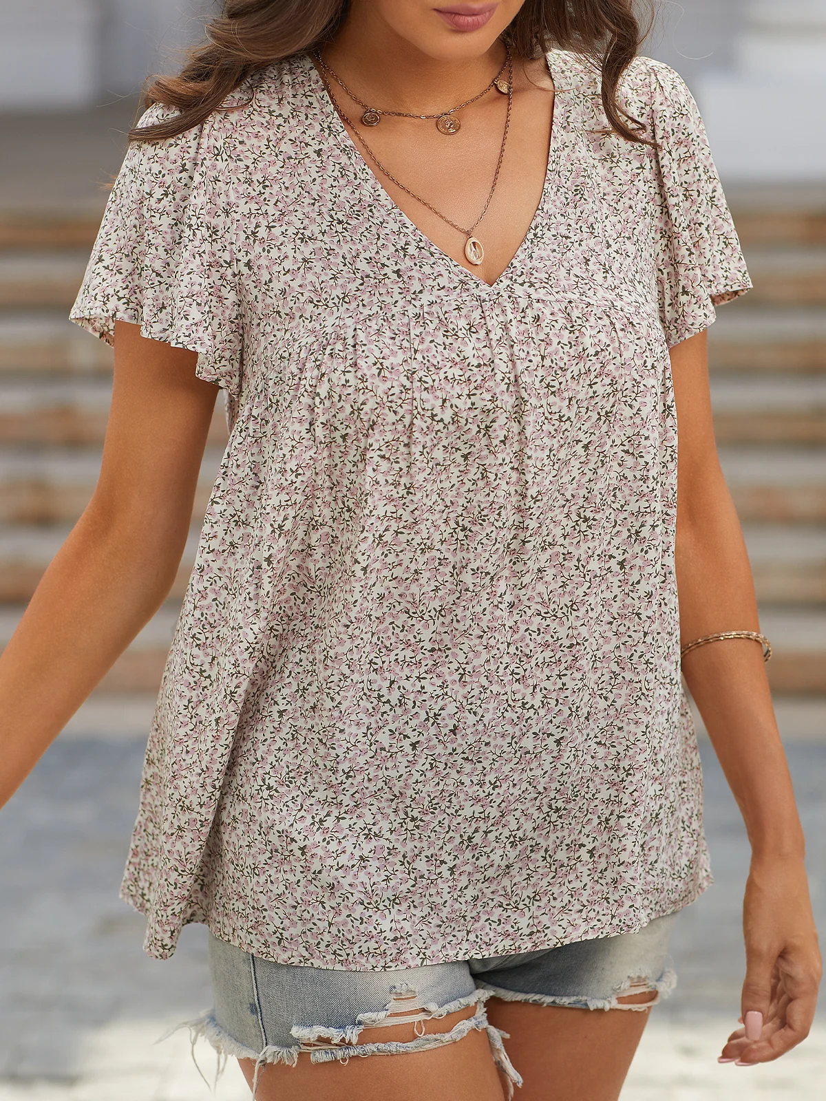 JFN V Neck Floral Loosen Daily Tunic Top