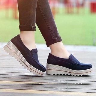 womens breathable suede round toe slip on platform shoes