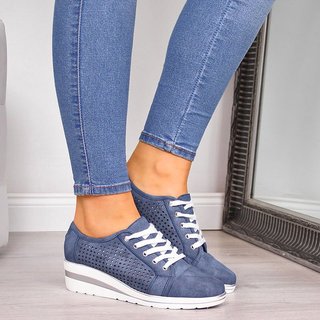 Hollow-Out Wedge Heel Blue Casual Sneakers