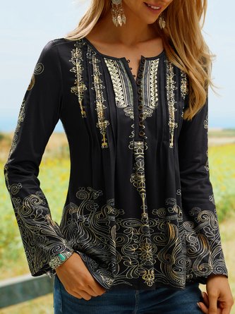 Ethnic V Neck Casual Loose T-Shirt