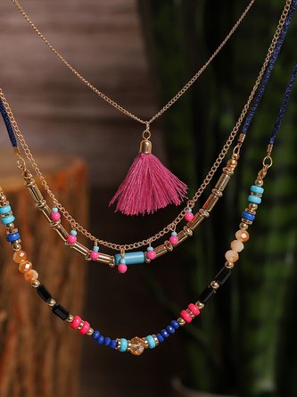 JFN Boho Fashion Ethnic Multilayer Rice Bead Tassel Necklace