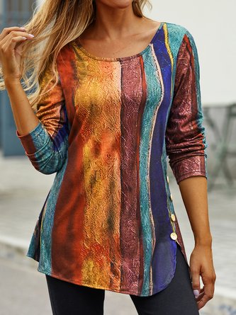 Striped Loose Crew Neck Casual T-Shirt