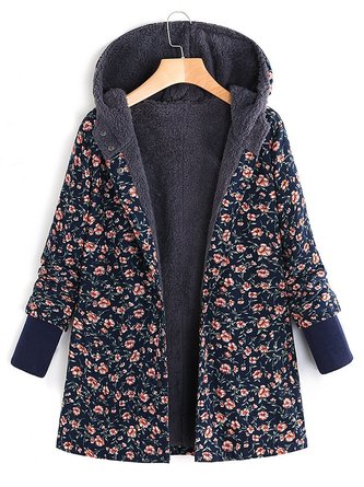 Floral Printed Hooded Long Sleeve Fleece Autumn Winter Coat