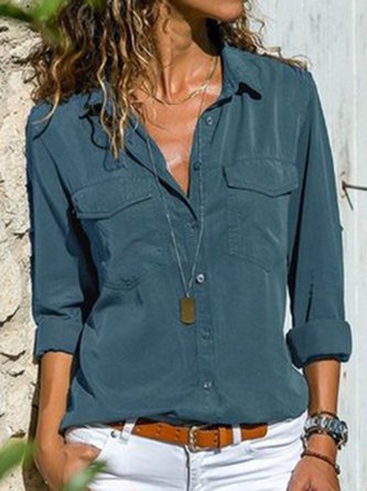 JFN Shirt Collar Plain Buttoned Pockets Plus Size Casual Long Sleeve Shirt 9 Colors
