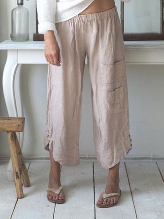 Summer Pockets Buttoned Elastic Waist Stylish Daily Casual Capri Pants