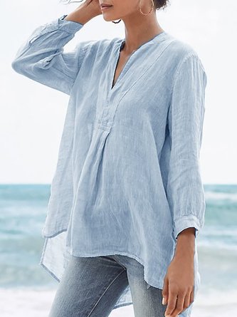 Solid V Neck Casual 3/4 Sleeve Plus Size Shirts