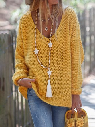 Yellow Long Sleeve Solid V Neck Knitted Sweater