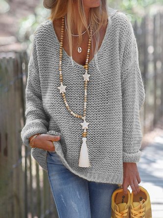 JFN Long Sleeve Solid V Neck Knitted Sweater