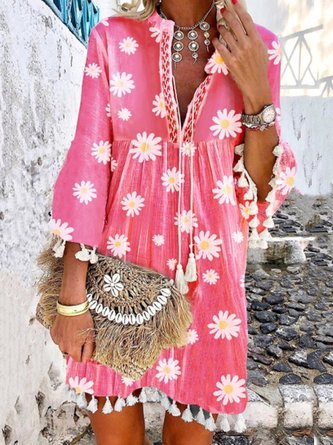 Women Boho Holiday Floral Tassel Sweet V Neck A-lined Midi Summer Weaving Dress