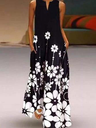 Black Sleeveless Cotton-Blend Floral-Print Weaving Dress