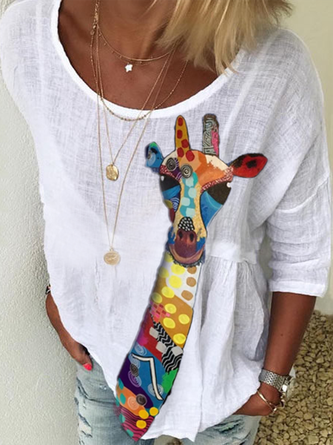 White Crew Neck Floral-Print Long Sleeve Tops