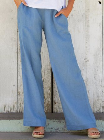 Blue Cotton-Blend Casual Pants