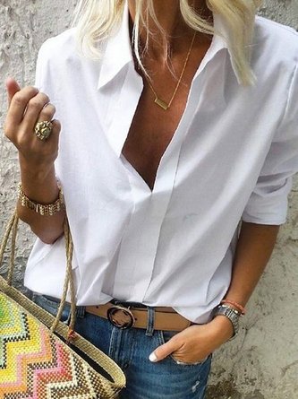 Summer Women White Long Sleeves Collar Solid Business Casual Shirt