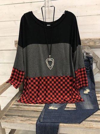 Red Casual Long Sleeve Checkered/plaid Tops